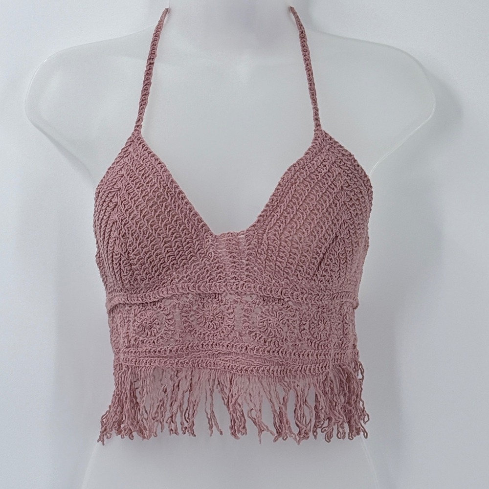 Crochet Fringe Halter Crop Top Womens sz S Boho Summer Festival Beach